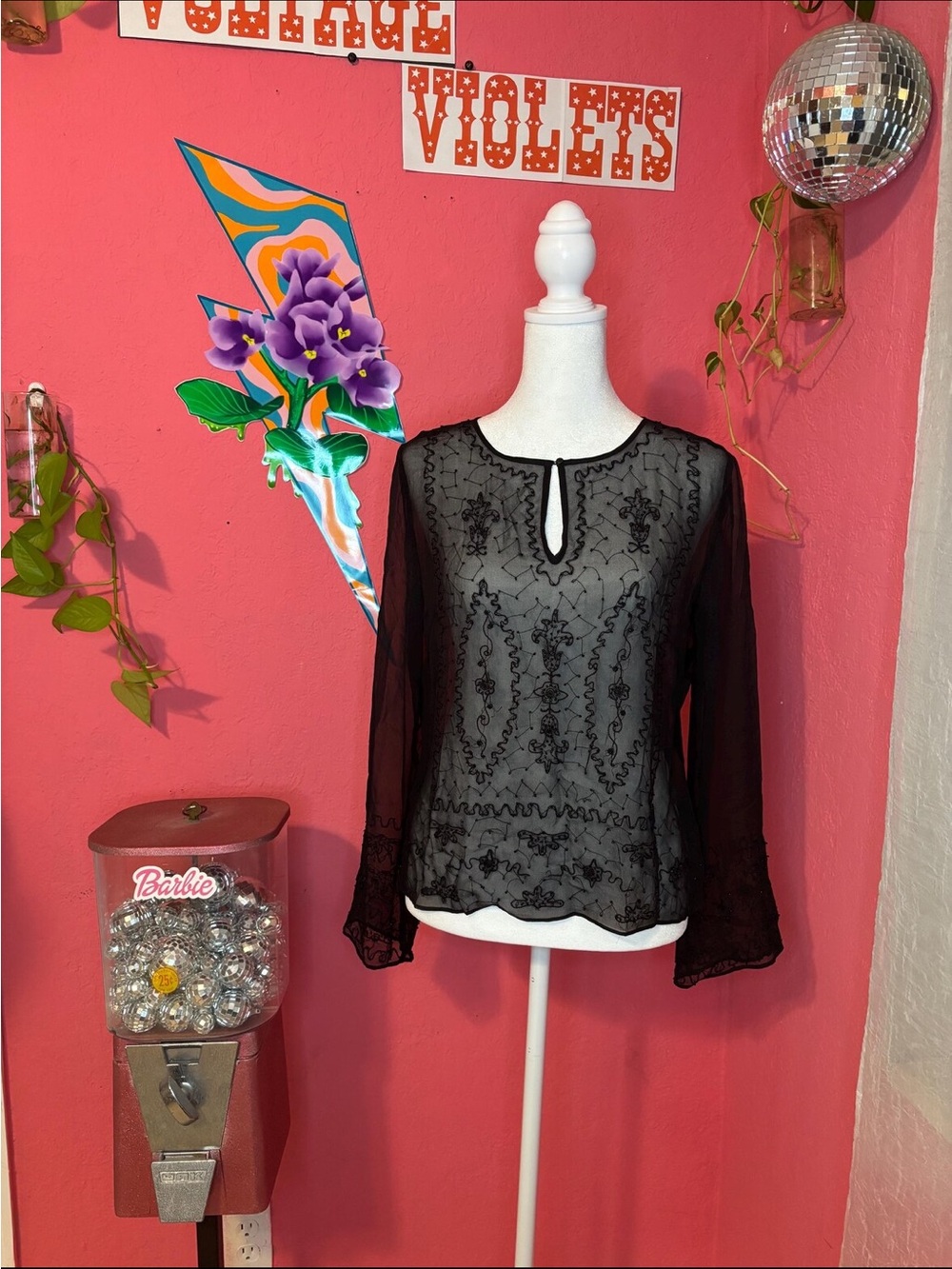Sheer Black Beaded Embroidered Long-Sleeve Women's Top
